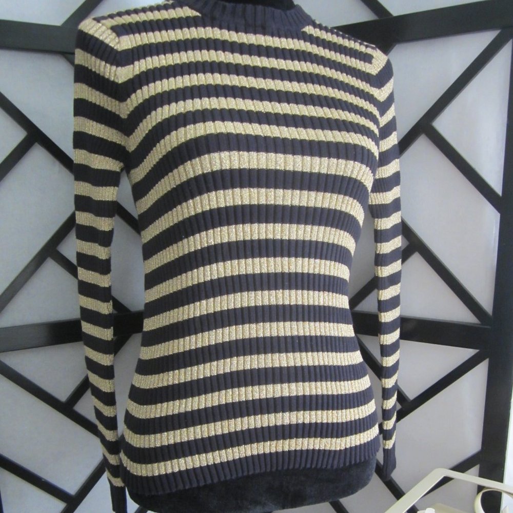 Designer - RALPH LAUREN POLO - Black & Gold Striped Sweater - SzM